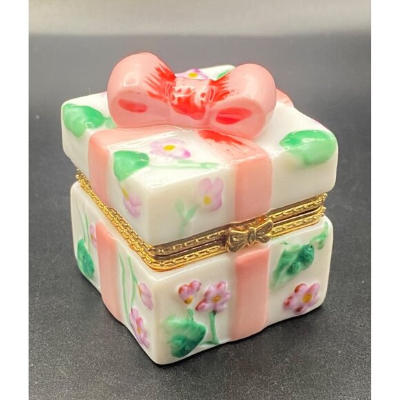 Ben Bridge Porcelain Gift Box Trinket Ring Pink Bow Floral Hinged Gold Trim - Picture 1 of 6